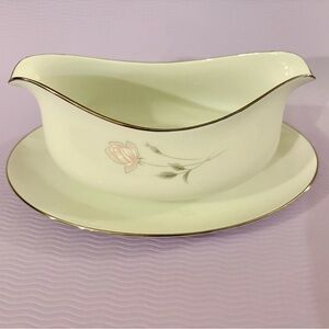 Vintage Sango China Japan Gravy Boat & Attached Underplate Rosanne Pink Rose